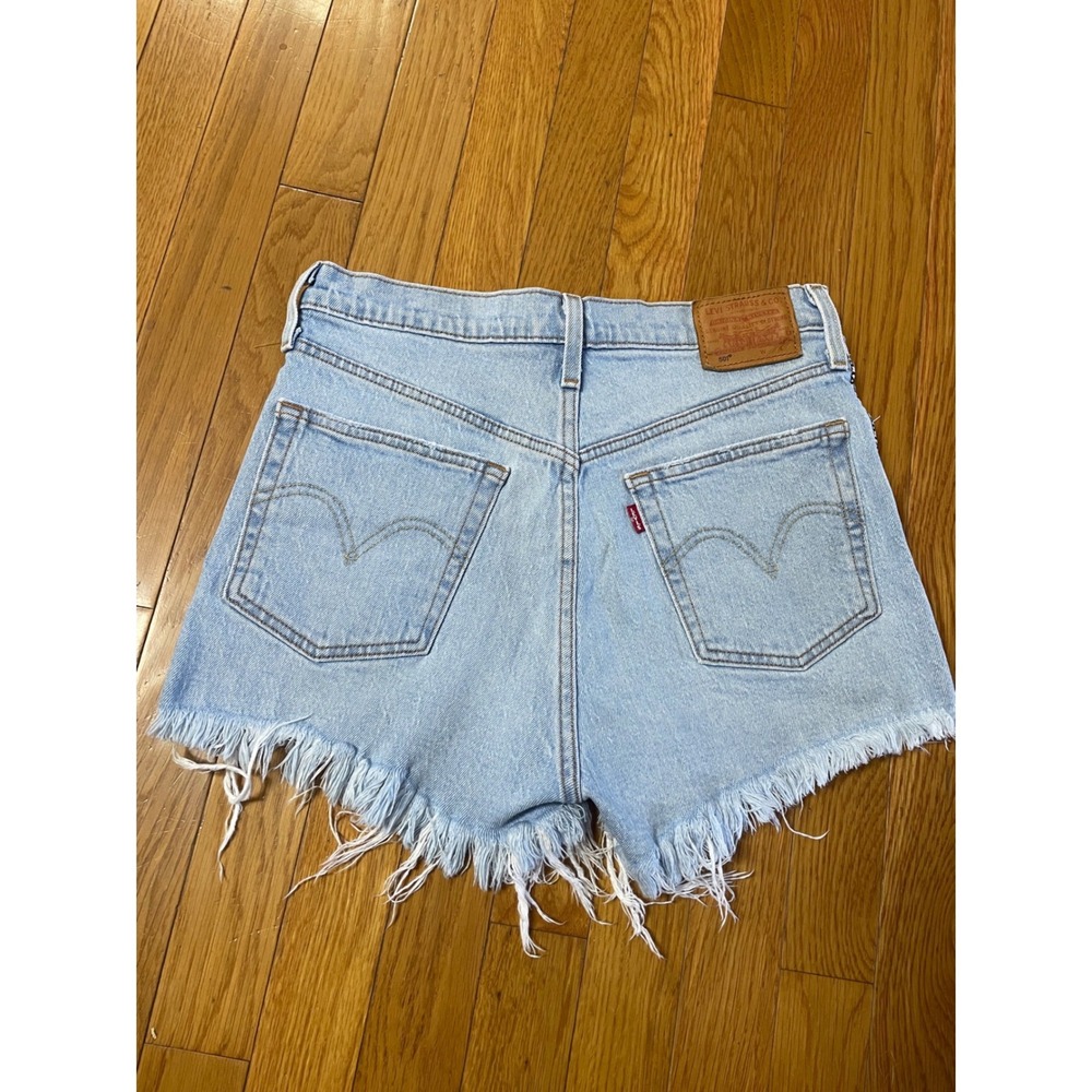 Levis 501 High Rise Denim Shorts Light Wash Frayed Logo Tape Side 28